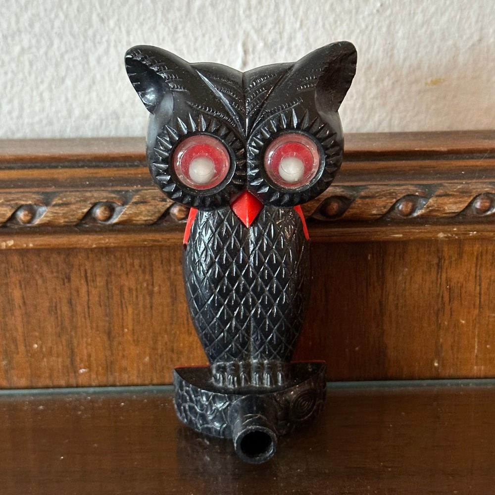 Vintage Plastic Owl Whistle Toy Black Red Novelty‎ Collectible 3.5 Inch 1950s